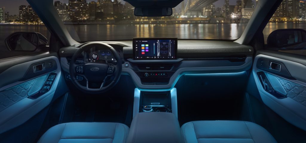 Ford Explorer 2025 Platinum Interior at Night with Blue Ambient Lighting Ford News Feed 2025 Ford Explorer Overview