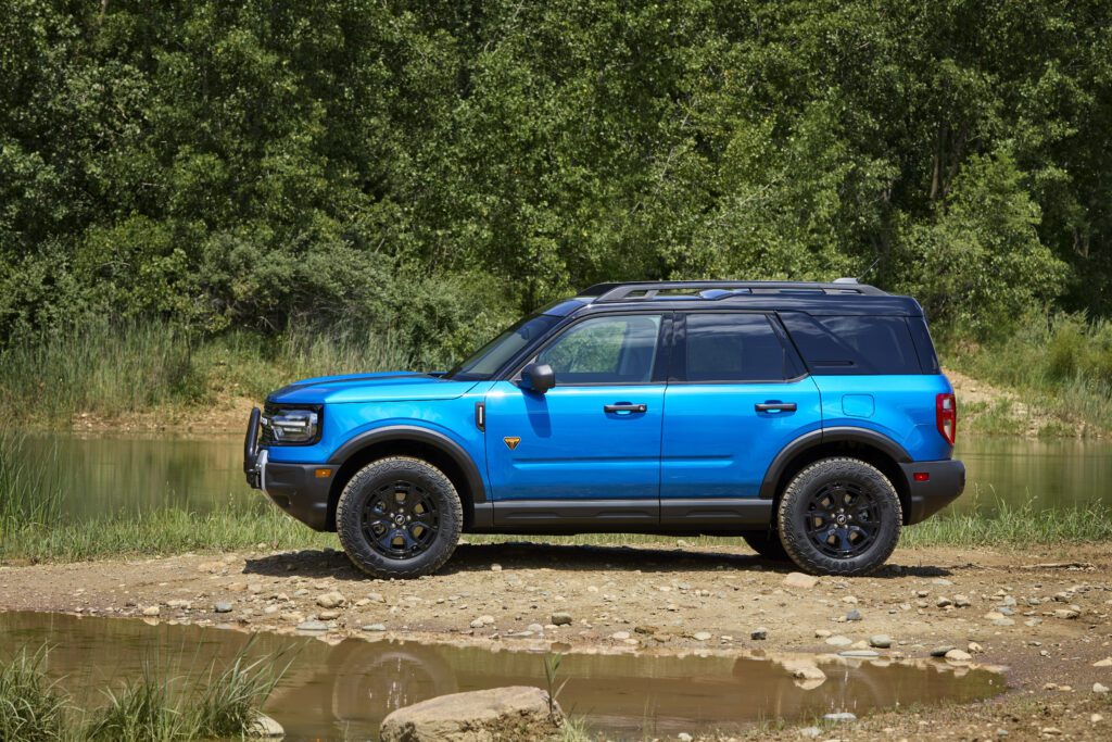 2025 Ford Bronco Sport Badlands in Velocity Blue on an Off-Road Trail