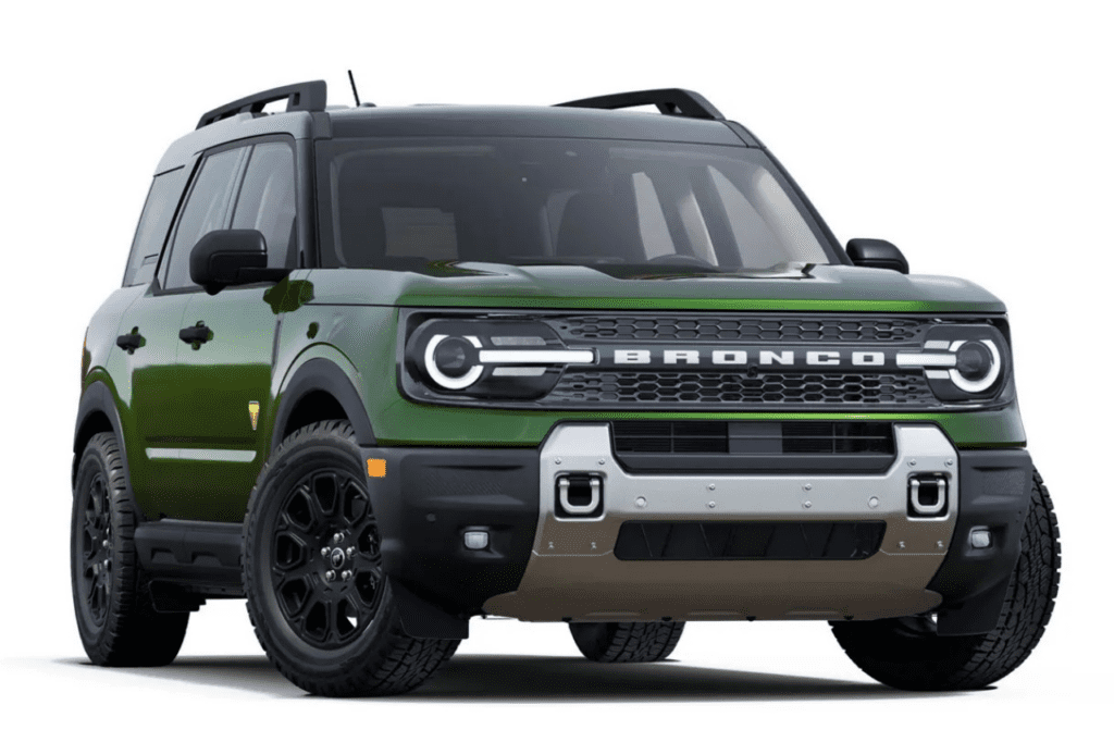 Front view of the 2025 Ford Bronco Sport Badlands in Eruption Green Metallic, highlighting its off-road styling and bold grille.