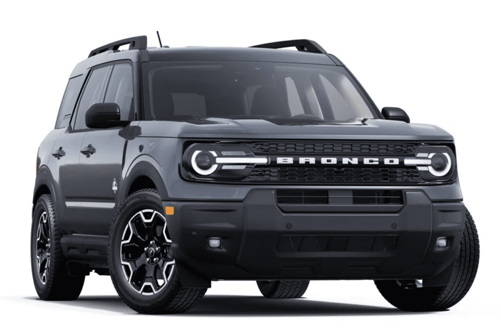 Front view of the 2025 Ford Bronco Sport Outer Banks in Carbonized Gray Metallic, showcasing its refined design and premium features.