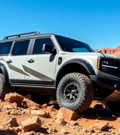 Raptor Bronco off-roading in rugged outdoor terrain.