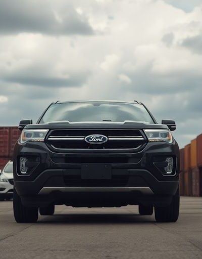 Parked Ford vehicles in a shipping yard.