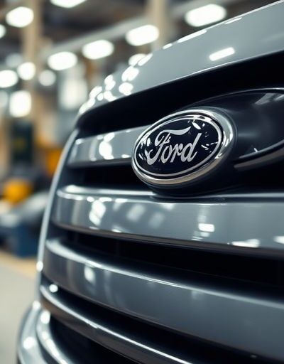 Ford vehicle in industrial setting with manufacturing background.