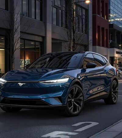 2025 Mustang Mach-E electric SUV on city street at dusk