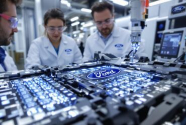 Ford EV battery pack with technicians in laboratory setting