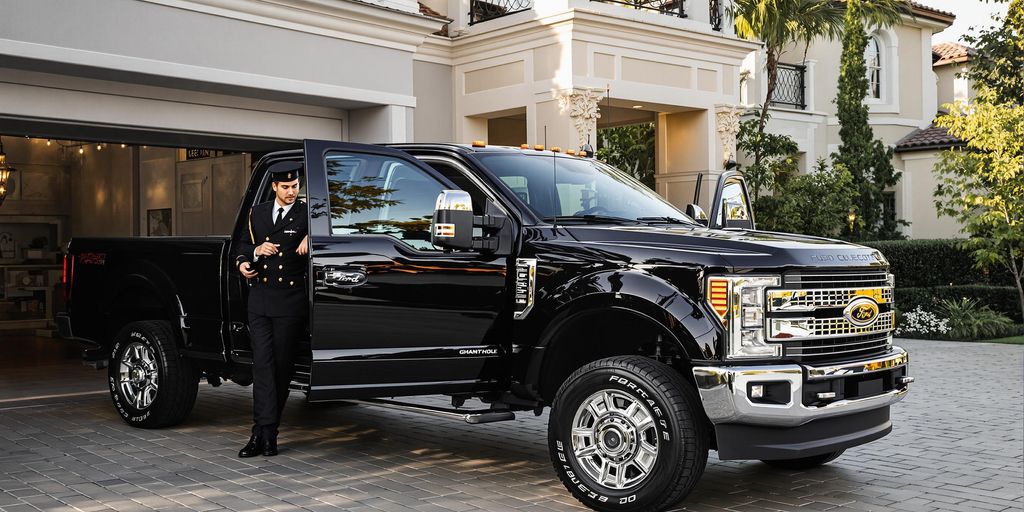 Ford Super Duty with concierge in upscale driveway