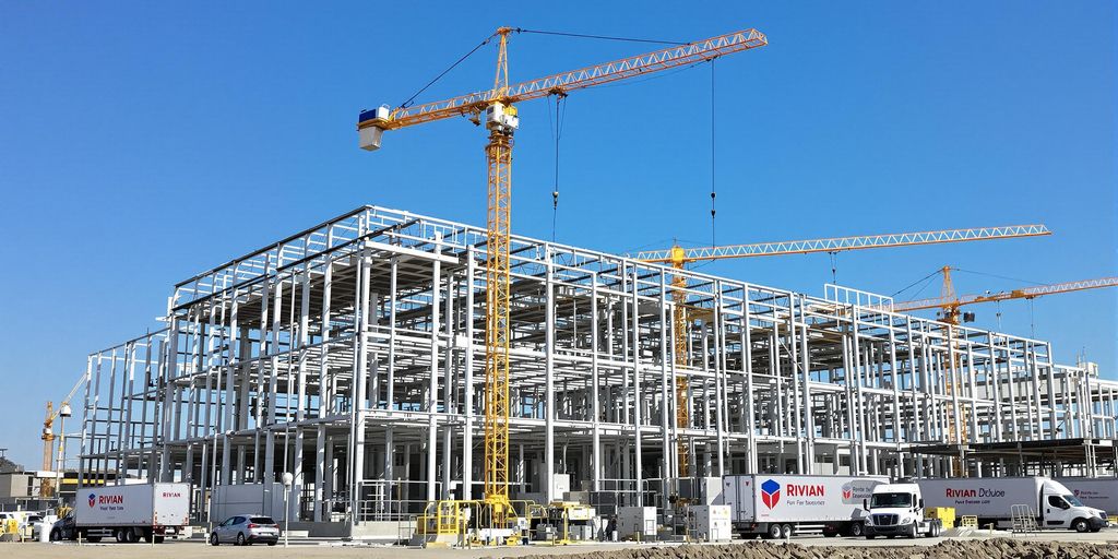 Electric vehicle factory construction with Rivian trucks nearby