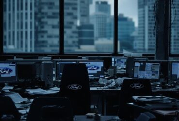 Deserted Ford office with unused computers and somber lighting.
