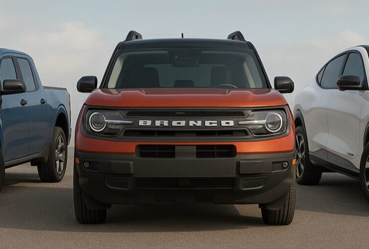 Front view of three Ford vehicles—a blue Maverick, a red-orange Bronco Sport, and a white Mustang Mach-E—parked side by side on a wide open asphalt surface under a partly cloudy sky.