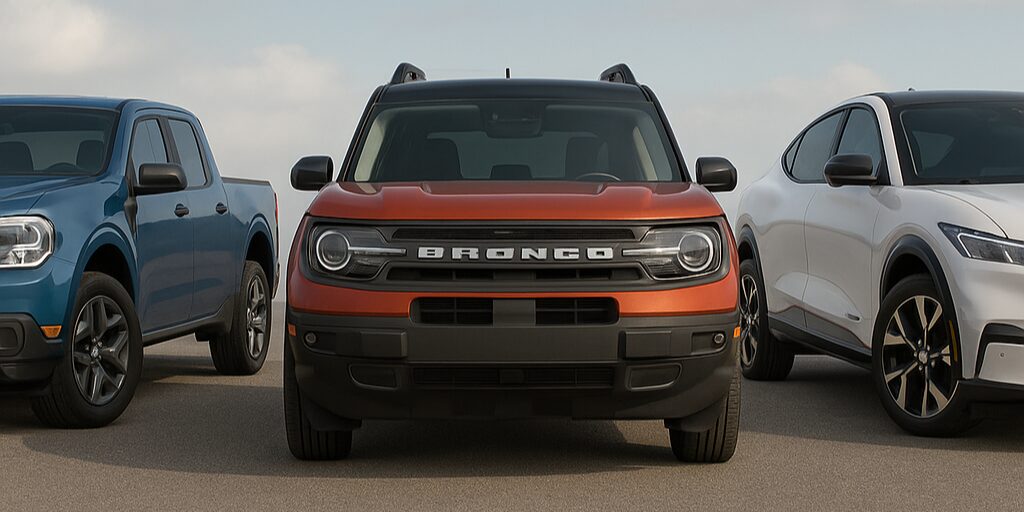 Front view of three Ford vehicles—a blue Maverick, a red-orange Bronco Sport, and a white Mustang Mach-E—parked side by side on a wide open asphalt surface under a partly cloudy sky.