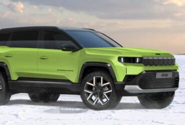 Bright green Jeep Compass EV parked on a snowy landscape, showcasing its modern design and electric SUV styling against a cloudy sky backdrop.
