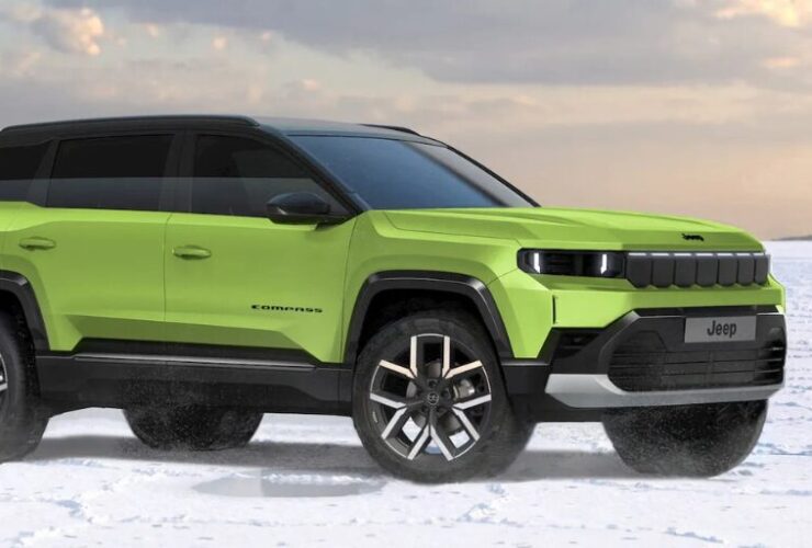Bright green Jeep Compass EV parked on a snowy landscape, showcasing its modern design and electric SUV styling against a cloudy sky backdrop.