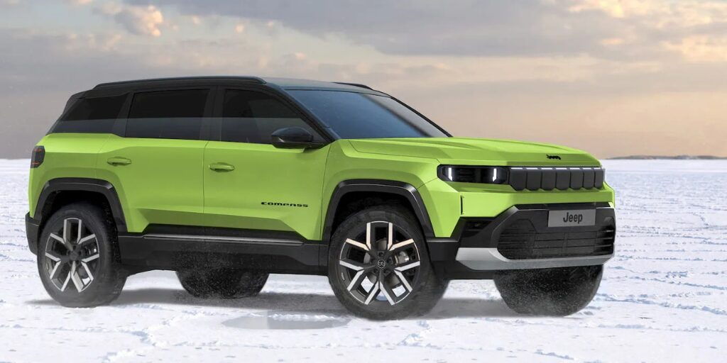 Bright green Jeep Compass EV parked on a snowy landscape, showcasing its modern design and electric SUV styling against a cloudy sky backdrop.
